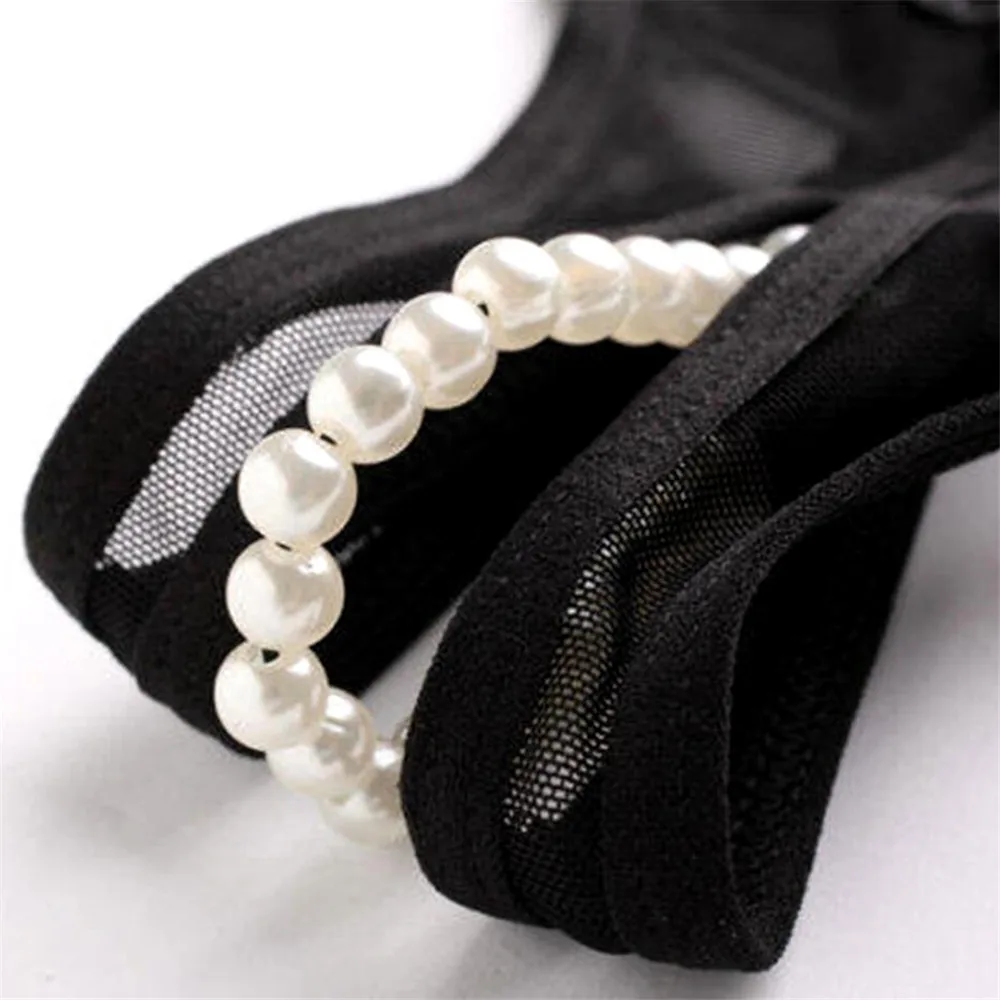 Erotic Crotch Open G String Thong Lingerie Women Sexy Crotchless Panties Bowknot Pearls Lace Underwear Home Wear