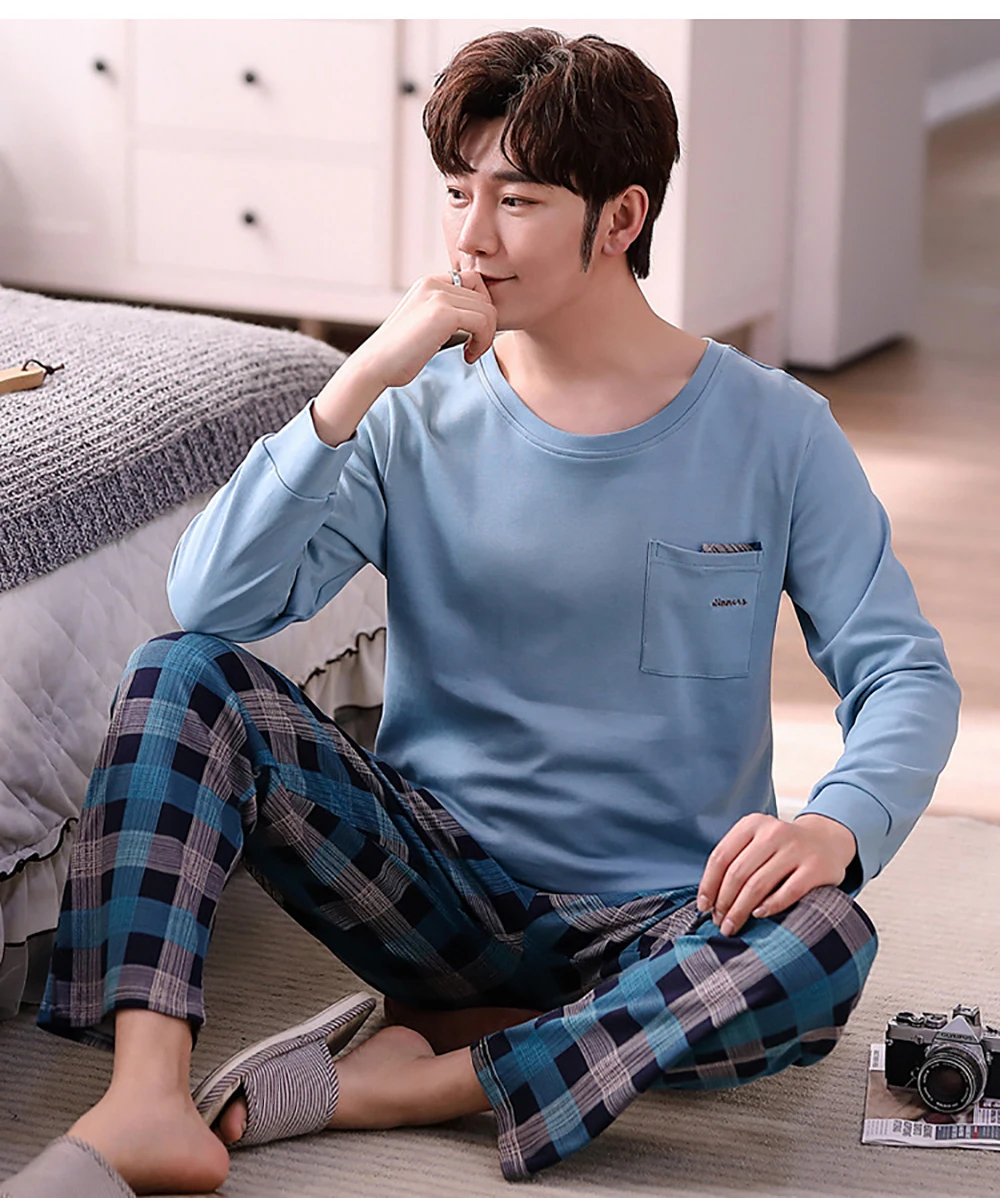 Cotton Men's Thin Pajama Fashion Plaid Pijama Sets Spring Autumn Casual Long Sleeve Sleepwear Soft Comfortable Pajamas for Men mens lounge wear