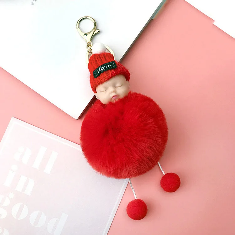 Супер милые детские куклы пушистые подвески для ключей помпон искусственный мех мяч брелок автомобильный брелок женский держатель для ключей сумка Подвеска Шарм подарок llaveros - Цвет: Красный