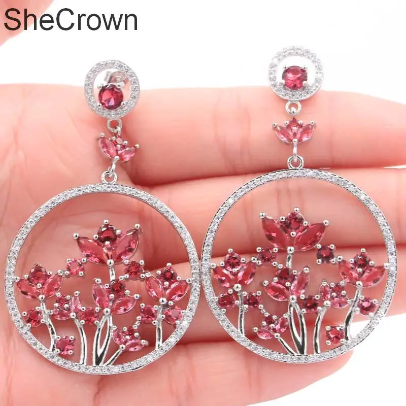 

62x33mm Pretty Flowers Pink Raspberry Rhodolite Garnet CZ Gift Silver Earrings