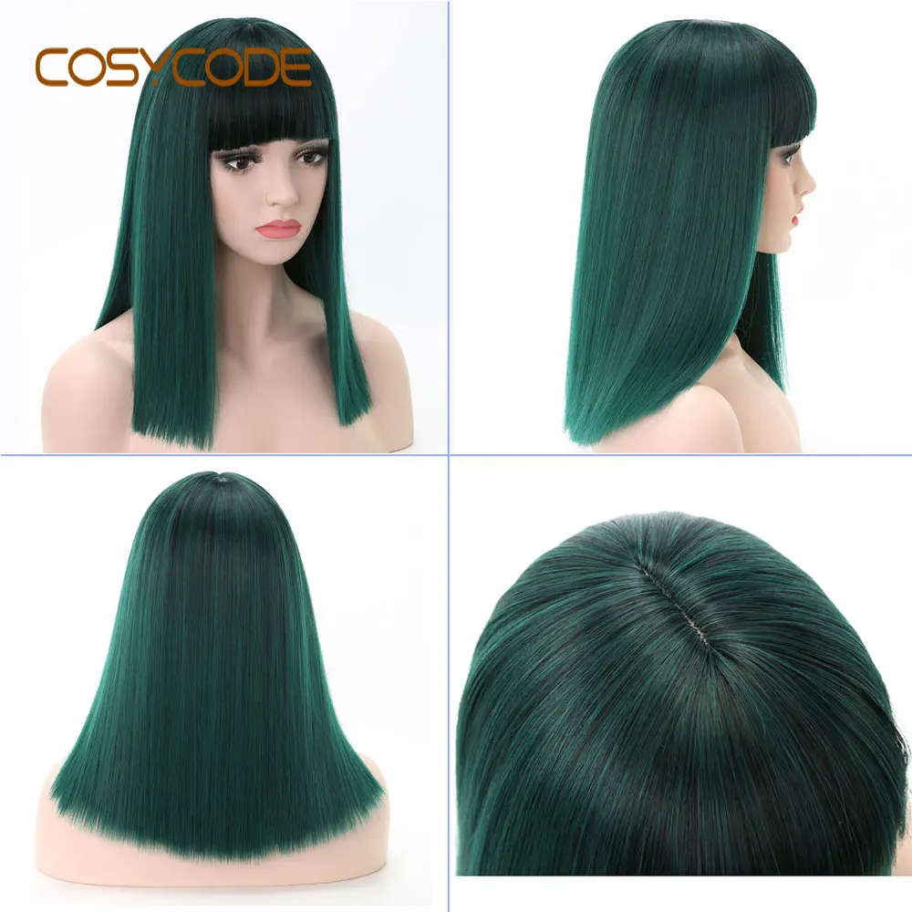 COSYCODE женский парик с челкой 16 дюймов 40 см прямой черный до синий 2 тона без шнурка синтетический парик Косплей Костюм Длина плеча - Цвет: black to green