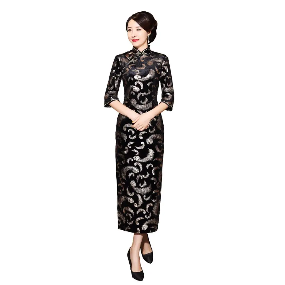 64A Шанхай история дешевые бархат Cheongsam китайское платье вышивка Qipao длинное для женщин - Цвет: 64A