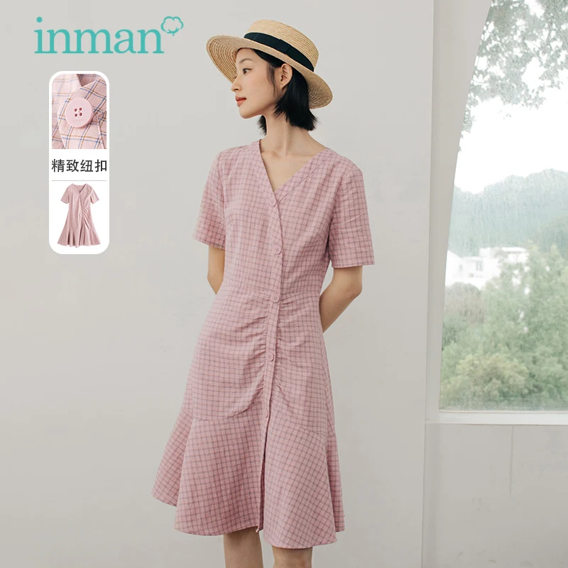 

INMAN Summer Autumn Dress Women V-Neck Oblique Placket French Fresh Plaid Romantic Hem Short Sleeve One-Piece