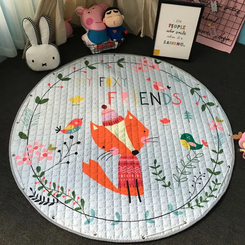 Милый мультяшный коврик для ползания с рисунком лисы и птицы, портативный детский игровой круглый коврик E65D