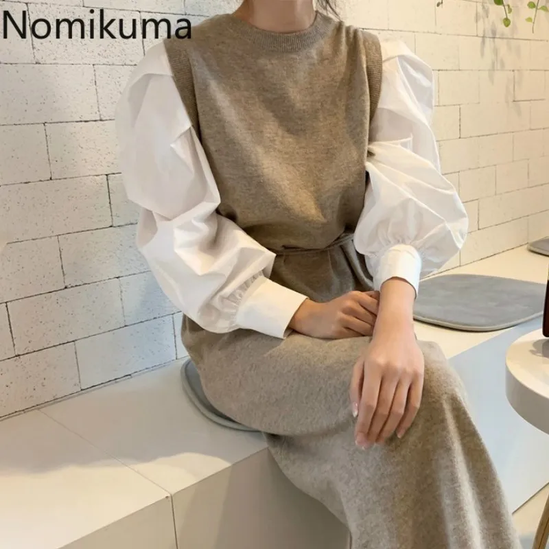 Nomikuma контрастных цветов лоскутное винтажное платье женское с круглым вырезом