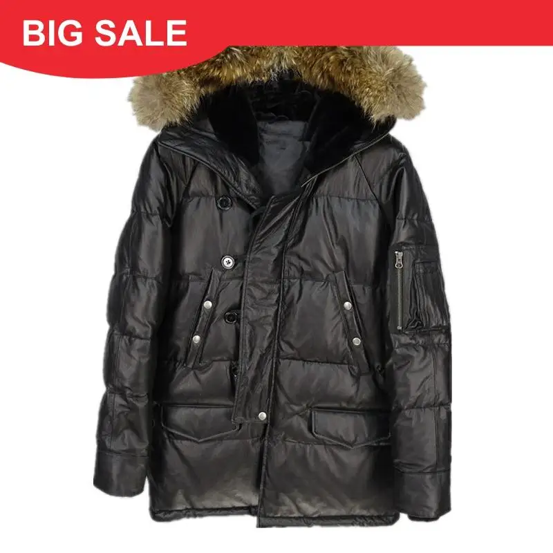 

2020 Black Men Long Winter Warm Leather Down Coat Plus Size XXXL Genuine Thick Cowhide Russian Natural Casual Down Jacket