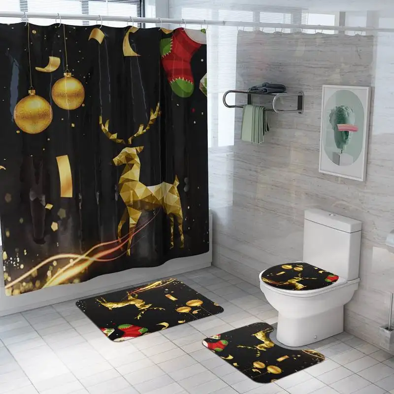 

Merry Christmas Bathroom Set Gold Elk Balls Pattern Waterproof Shower Curtain Toilet Cover Mat Non Slip Rug Home Decor