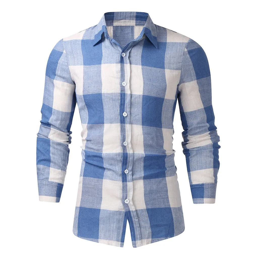 Men Causal Long Sleeve Plaid Shirt Fit Slim Blouse Muscle Top Linen Cotton shirts men dress hawaiian camisa masculina plus size
