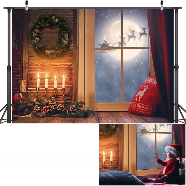 Christmas Window Backdrop Winter Snow Wonderland Birthday Portrait Background Curtain Wreath Christmas Tree Photography Props style-13