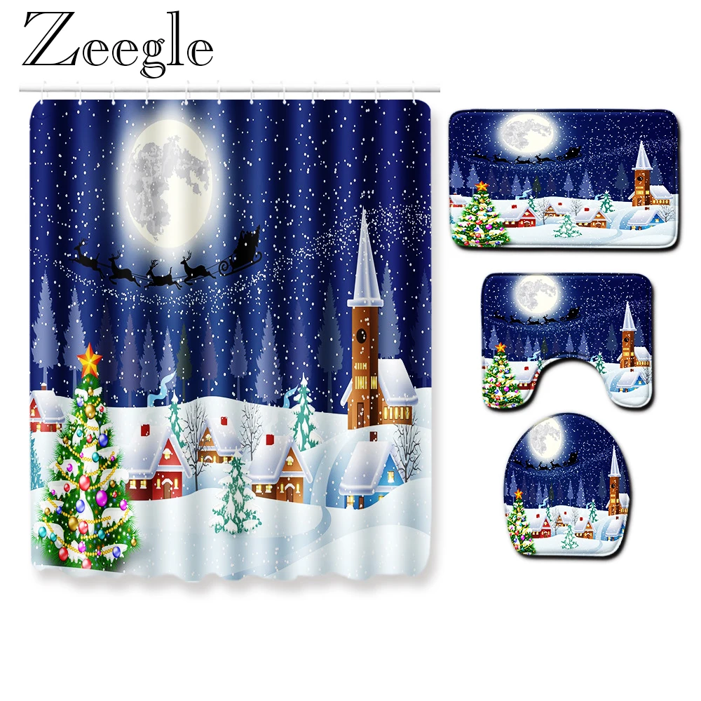 Zeegle Christmas Bath Curtain Waterproof Bathroom Carpet Anti-slip Shower Mat Absorbent Toilet Cover Seat Rug | Дом и сад