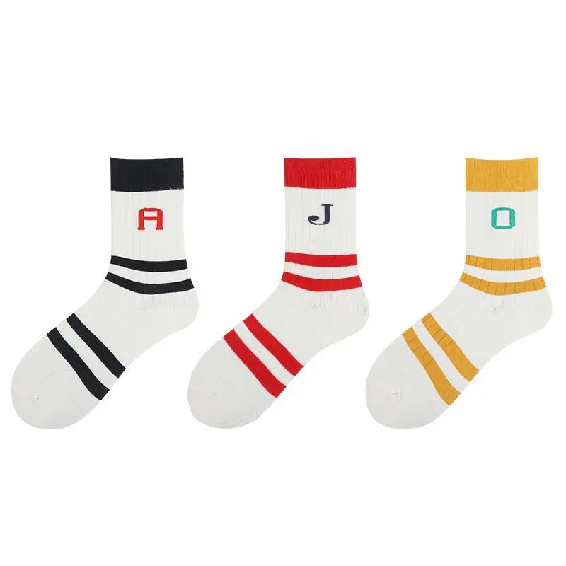 10 пара/лот, осенне-зимние Хлопковые женские полосатые носки с буквами, Модные дышащие носки для девочек, удобные повседневные женские носки для влюбленных