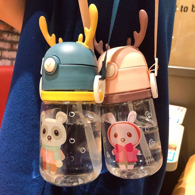 Kawaii Water Bottle Portable Cute Deer Cup With Straw Leak-proof Drinking Bottle for Girl Boy Students Kids