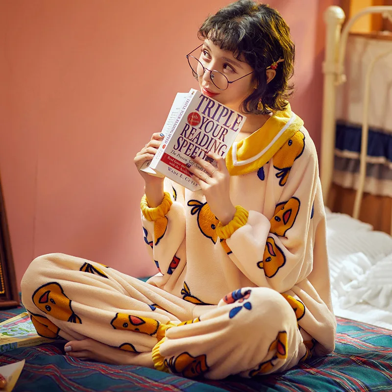 Теплые зимние пижамы для девочек из бархата кораллового цвета с отворотом и утенком; мягкая и удобная домашняя одежда с рисунком; комплект из двух предметов - Цвет: Figure1