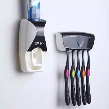 

Wall Mount Bathroom Toothbrush Family Sets Rack Automatic Toothpaste Dispenser With 5 Toothbrush Holder Stand