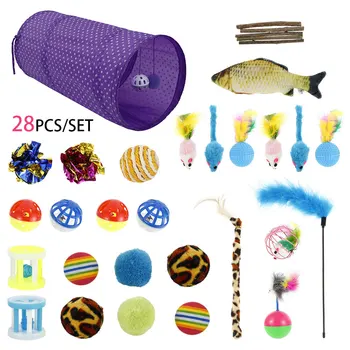 

28pcs/set Cat Toys Funny Pet 2 Holes Play Tubes Ball Cat Feather Teaser -Wand Interactive Feather Toy Fluffy Mouse Crinkle Balls