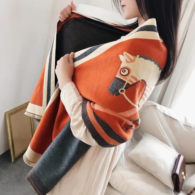 

KOI LEAPING ladies fashion style popular horse pattern printing cashmere shawl warm scarf Soft and comfortable best gift hot