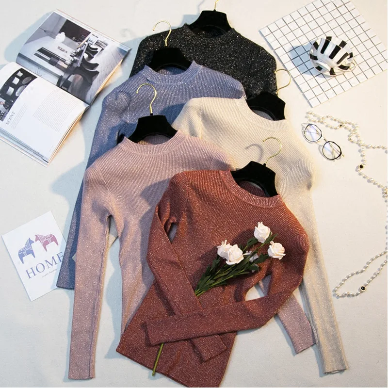 Mossha, элегантный свитер с длинным рукавом и круглым вырезом, Осень-зима, вязанные пуловеры, Женский яркий тонкий приталенный свитер