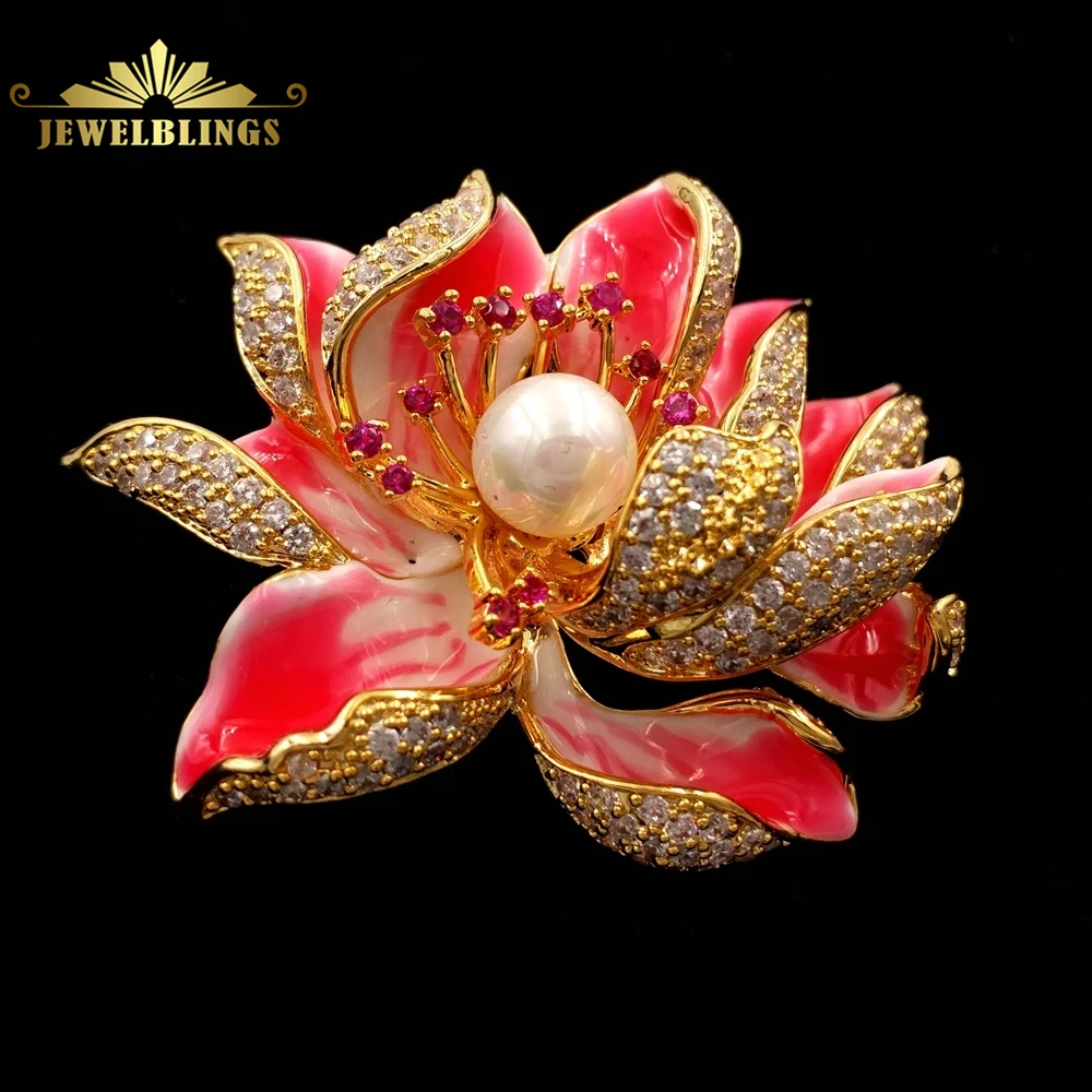 

Dream Fancy Style Enameled Petal Micro Pave CZ Pink Lotus Flower Brooches Gold Tone Centered Mother of Pearl Blossom Lotus Pins