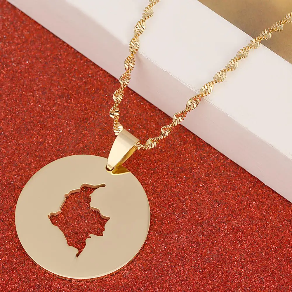 Stainless Steel Gold Color Map of Colombia Pendant Necklaces for