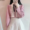 Womens Basic Office Lady Work Wear Cute Vintage Bow Tie Top White Lace Single Breasted Button Solid White Pink Shirts Blouses 1