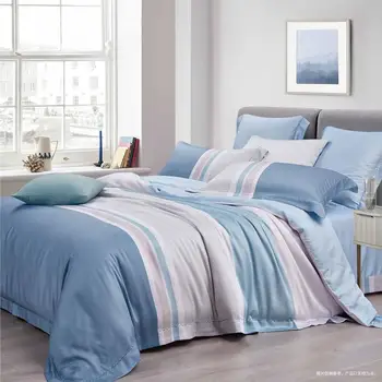 

4PCS Solid Blue Flower Print Bedding Set Tencel Silk 100% Cotton Duvet Cover Set Flat Sheet Pillowcase Soft Bed Linen Queen King