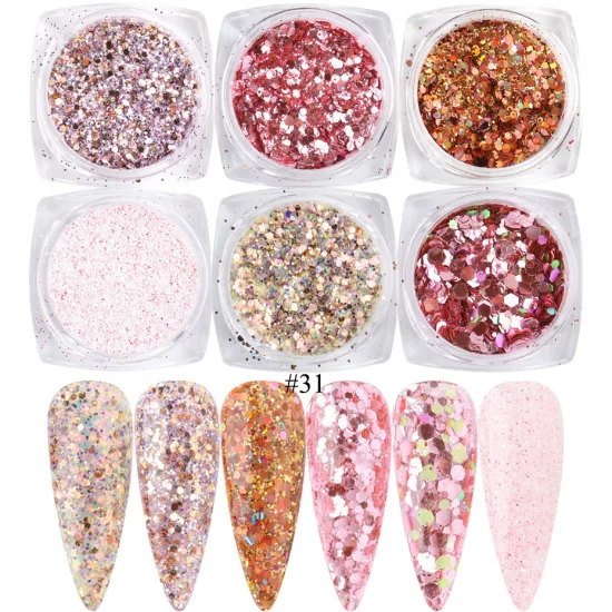 6pcs Pink Nail Glitter Powder Valentine'S Day Reflective Dip Powder Sequins  Sugar Sand Coating Effect Nail Art DIY Manicure Pigment