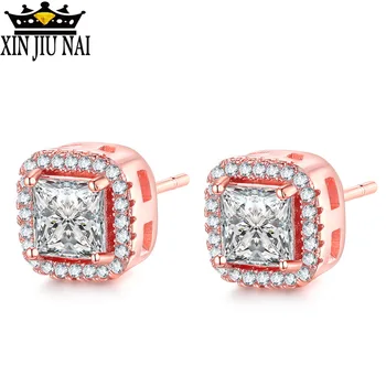 

Classical Four Claw Fashion Jewelry Princess Cut AAA Cubic Zirconia Square CZ 925 Silver&Rose Gold Stud Earring For Women