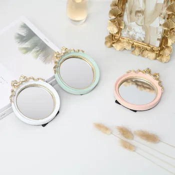 

French Art Retro Bow Small Round Mirror Jewelry Mirror Tray Luxury Resin Jewelry Cosmetics Dessert Storage Tray Home Decoration