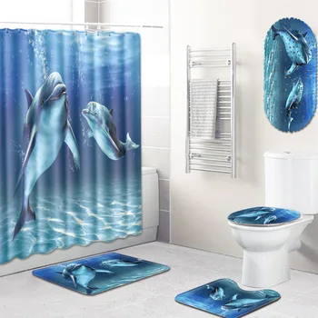 

T Dolphin Shower Mat 5 Piece Shower Curtain Bathroom Carpet In Toilet Rugs Set Anti Slip Bath Mat for Home Decor Doormat Blanket