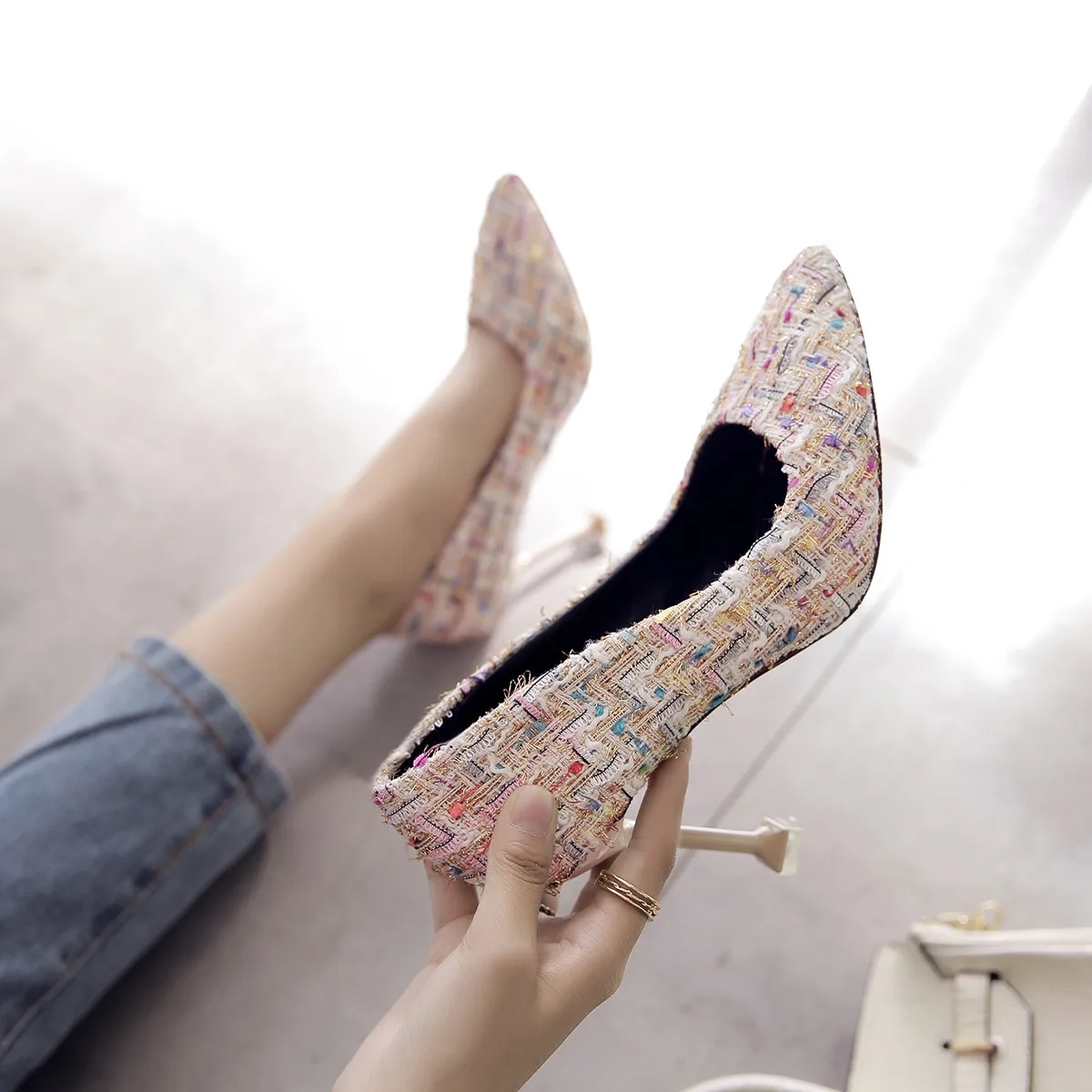 Women Dress Shoes Tweed Pumps Supper High Heels Ladies Shoes Ol Office Lady Shoes Plaid Wool Basic Pumps zapatos mujer N7798
