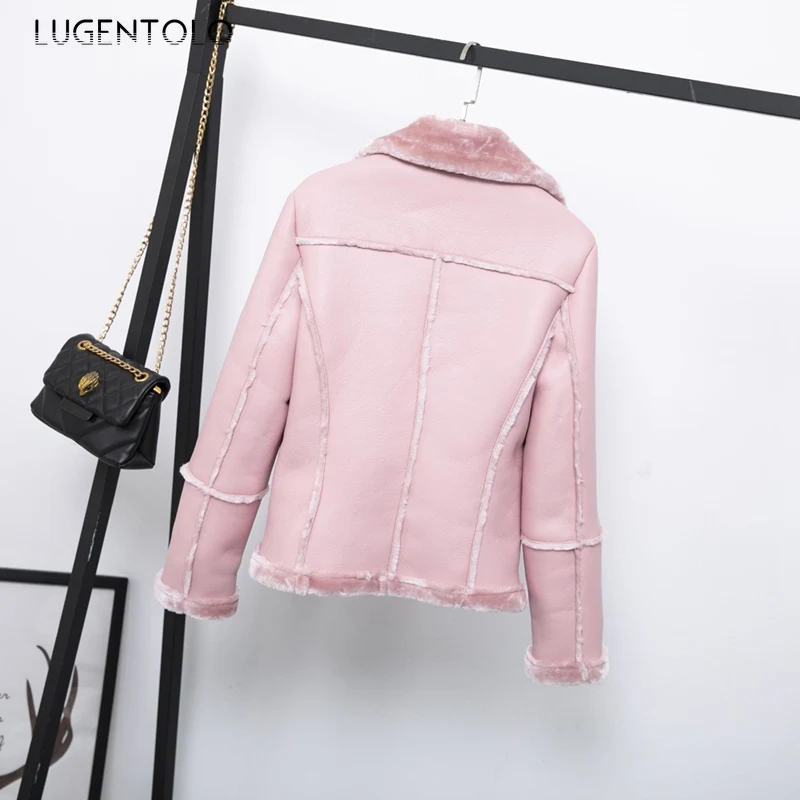 Lugentolo, кожа, мех, для женщин, зима, теплый, сплошной цвет, с длинным рукавом, отложной воротник, ПУ кожа, мото молния, флокирование, Женское пальто
