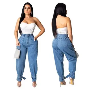 

OLE Fashionable Loose Waist Washed Leggings Strapless Straight Jeans