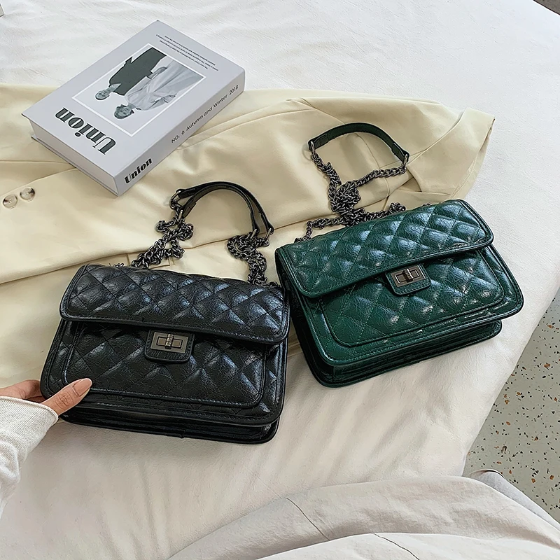 

Classic Solid Color Chains Shoulder Bag Diamond Lattice Small Square Crossbody Bags For Women 2020 High Quality Leather Handbags