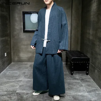 

INCERUN Chinese Style Men Corduroy Sets Streetwear Solid Color Long Sleeve Outerwear Shirt Wide Leg Pants Vintage Men Suit S-5XL