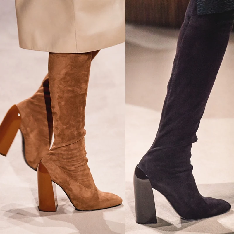 Королевские Сапоги выше колена; женские сапоги на высоком каблуке; Botas Mujer; сапоги до бедра из натуральной замши; сапоги на не сужающемся книзу массивном каблуке; Fenimina
