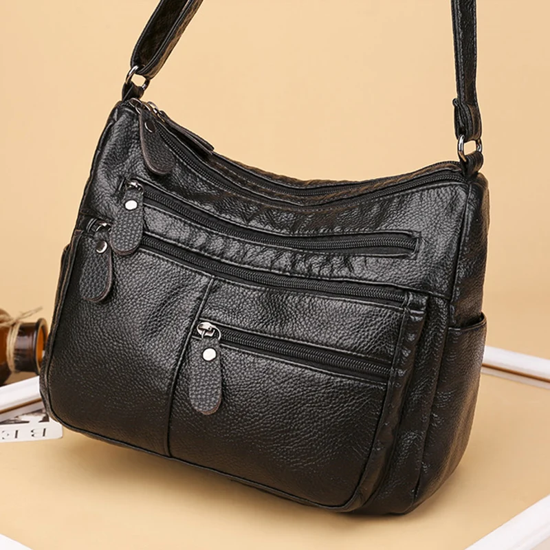 

Women Crossbody Bags Litchi Compact Washed Soft Leather Multi-Layered Leather Bag Premium Fabric Black Red Women's Shoulder Bags