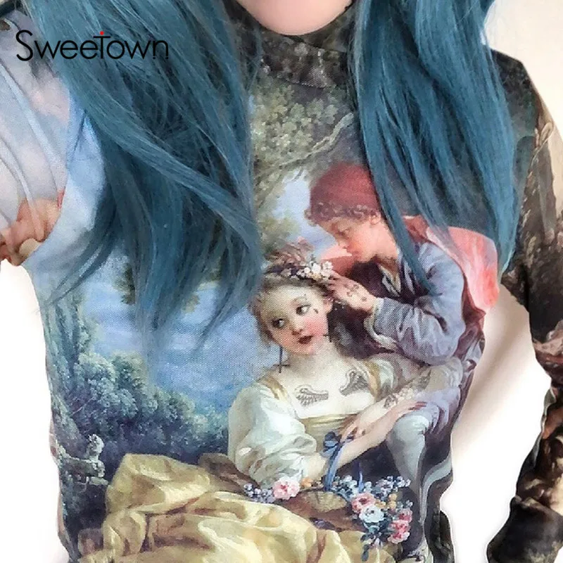 Sweetown картина Винтаж футболка Для женщин с рисунком Милая футболка Femme с высоким, плотно облегающим шею воротником с длинными рукавами базовый топ футболки