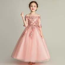 Платье для девочек с открытыми плечами; вечерние платья принцессы для девочек; кружевные платья с цветочным узором для девочек на свадьбу; детское платье для первого причастия для девочек