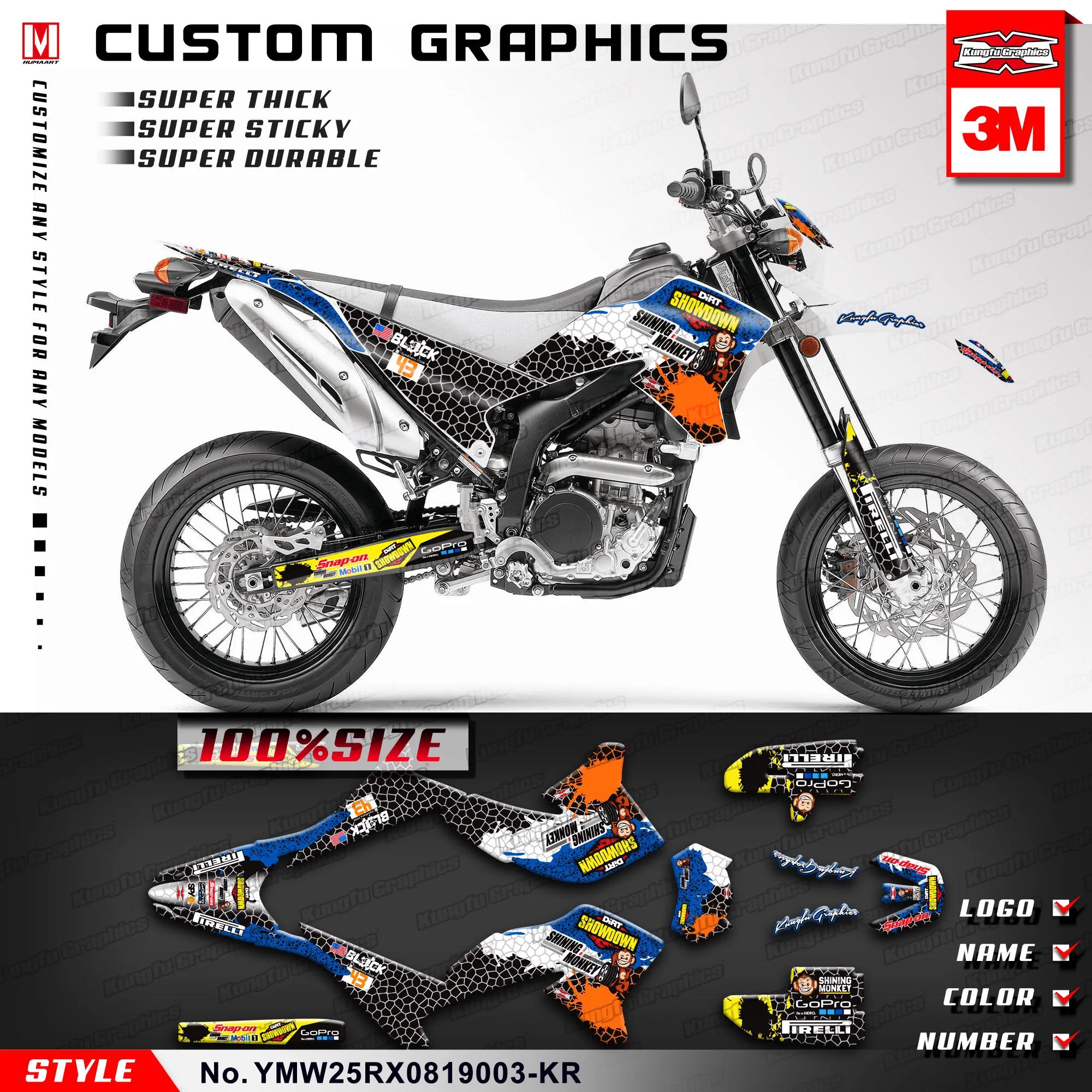 KUNGFU графика гоночные наклейки комплект клейкая обертка для Yamaha WR 250 R X WR250R WR250X 2008 до(Стиль № YMW25RX0819003-KR