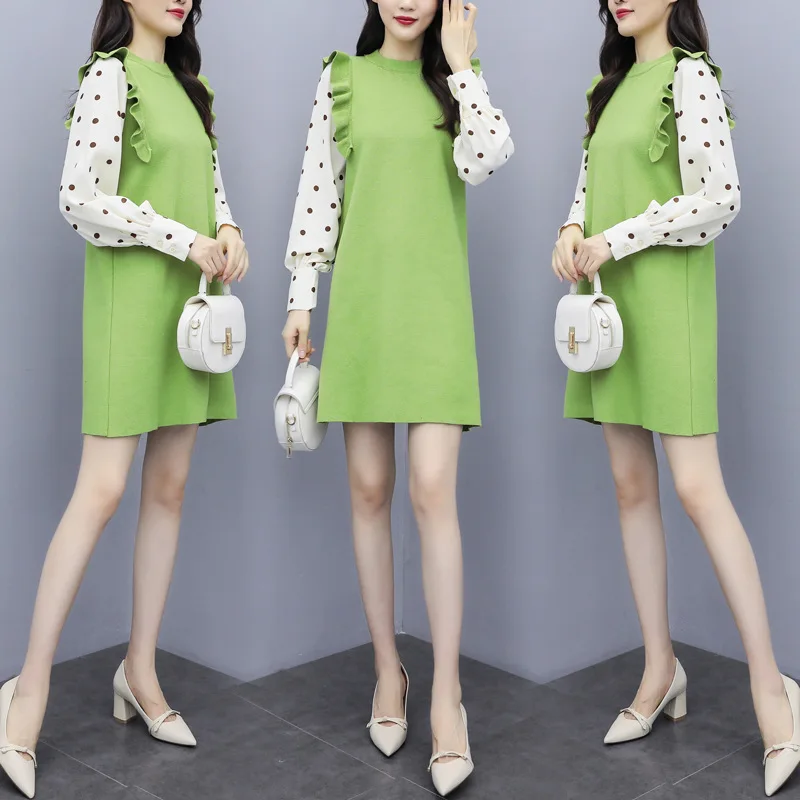 

Photo Shoot Polka Dot Long Skirts Women's Early Autumn New Style by Age Simple Joint Fashion Knitted Frilled Fake Two-Piece Skir