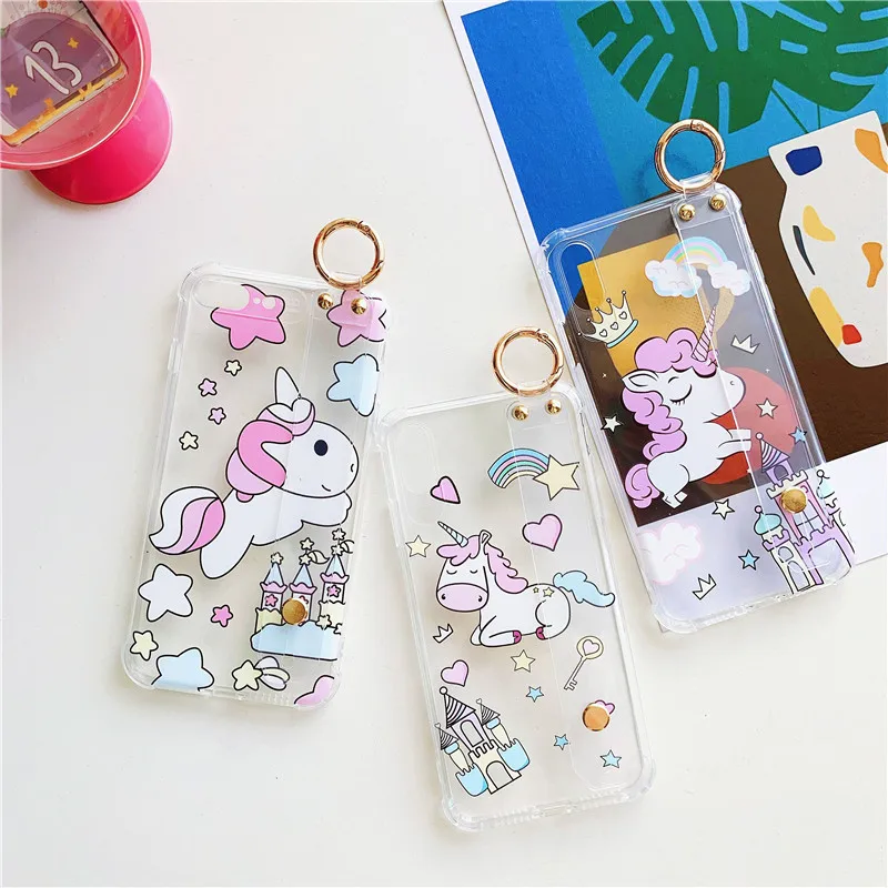 

Cartoon rainbow unicorn Transparent Silicon Case For iPhone XS XR XS MAX X 6 6S 7 8 Plus Fashion Wrist Strap Soft TPU Phone Case