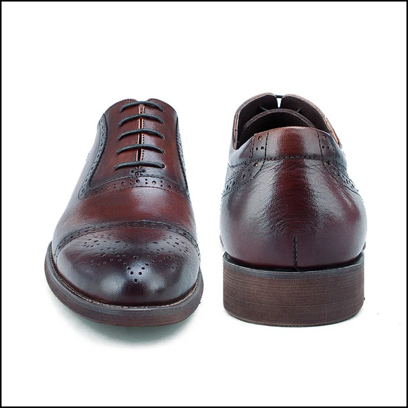 Vintage Man Cap Toe Semi Brogue Shoes Genuine Leather Formal Office Party Oxfords Round Toe Laces Men's Wedding Flats BGQ236