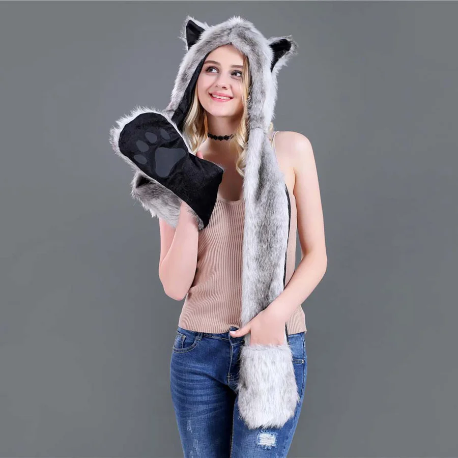Модная зимняя шапка с ушками животных, шапка из искусственного меха, пояс, шарф и комплект перчаток для мужчин и женщин, капюшон волка тигра