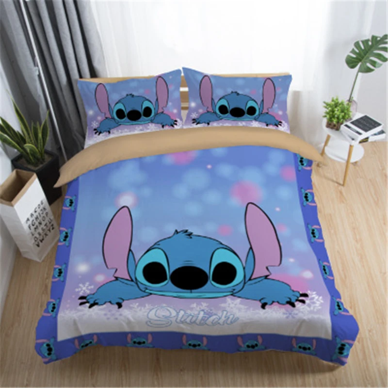Home Textile Cartoon Stitch Bedding Set Children High Quality Duvet Cover Pillowcases Twin Full Queen King Blue 3d Bedclothes
