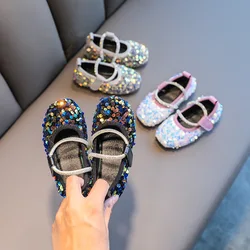 New Children's Princess Shoes Girls Flat Bling Leather Toddler Sandals Fashion Sequined Soft Children's Ball Shiny Dance Shoes