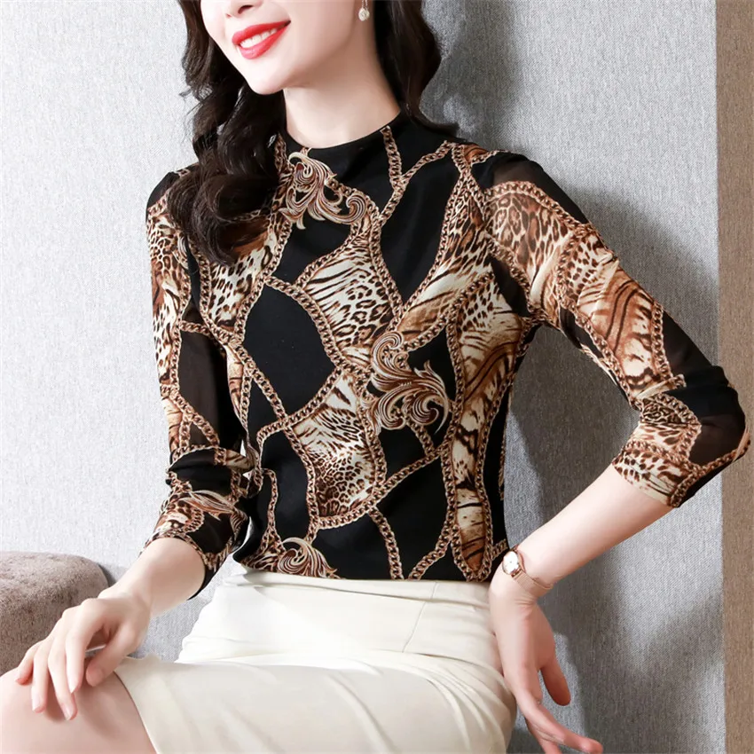 

Vintage Blouse Long Sleeve Print Mesh Blouse Shirt Tops Pullover Autumn Winter Clothes Women 2021 Blusas Mujer De Moda