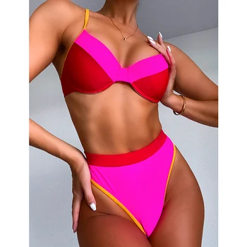 

Mossha Sports women's swimsuit femlae Solid push up swimwear High waist sexy bikini set High cut ribbed bikini 2020 Bathing suit