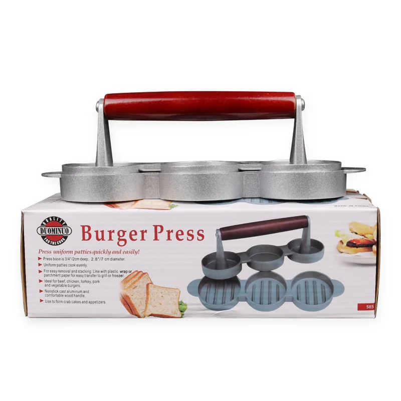 3 Holes Aluminum alloy Wooden handle Manual Hamburger Presses Maker Press Cutlets Mold Grill Kitchen Tools Home Meat Pie Burger06