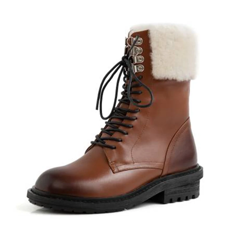 Зимние сапоги из натуральной кожи; женские ботильоны; теплая зимняя обувь с Плюшевым Мехом; женская обувь на плоской подошве; Теплая обувь; размер 33-42 - Цвет: Brown
