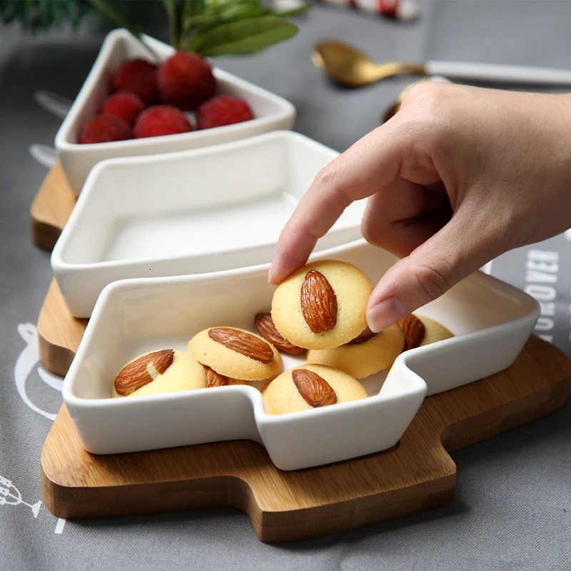 Скандинавский creatieve bamboe kerstboom fruitschaal huishudelijke servies lade keramische saltbord fruit salade snack plaat